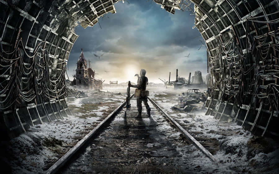 A Man Standing In A Tunnel With A Train Wallpaper