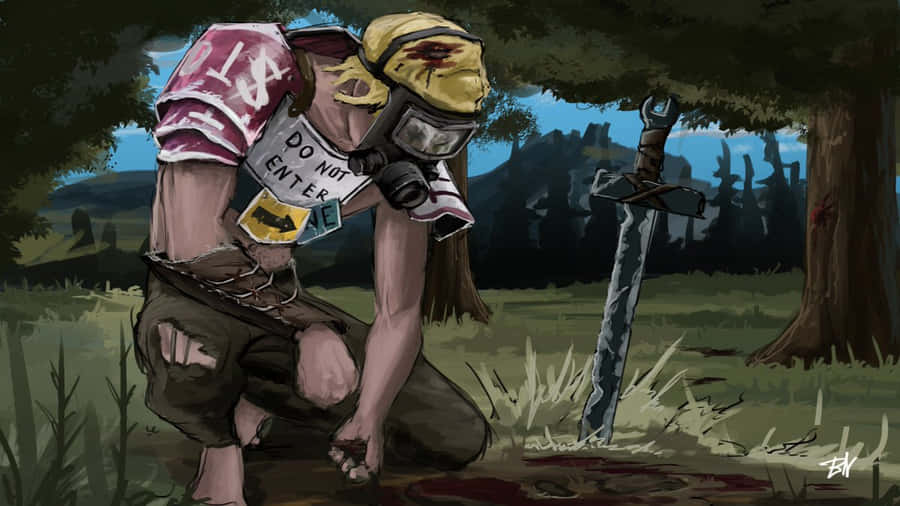 A Man With A Knife And A Gun Is Kneeling In The Woods Wallpaper