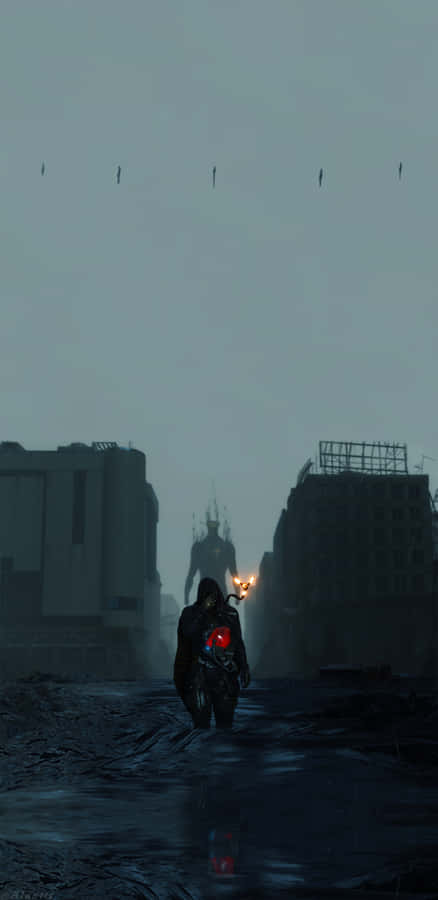 A Motorcycle Is Riding Through A City With Buildings Wallpaper