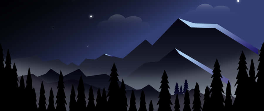 A Mountain Landscape With Trees And Stars At Night Wallpaper