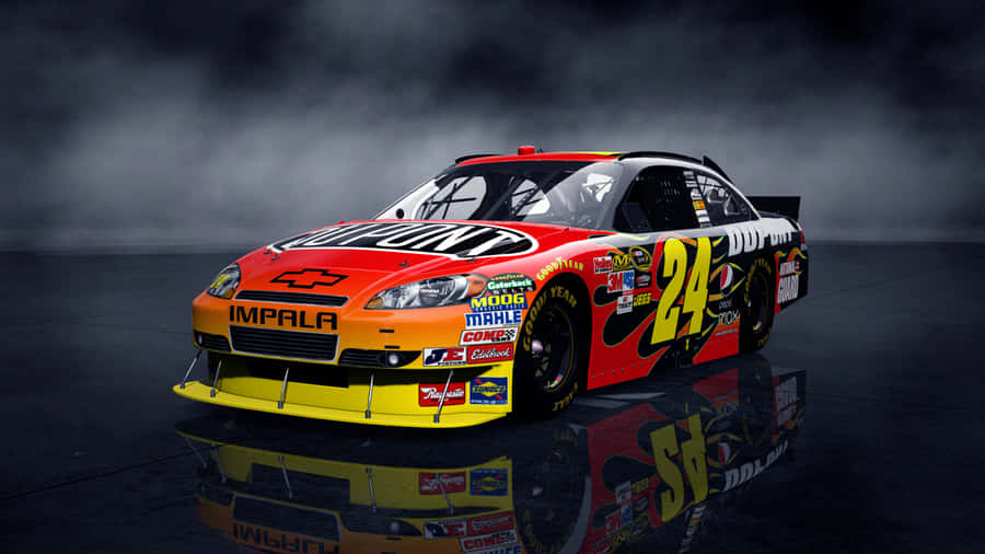 A Nascar Car Is Shown In A Dark Environment Wallpaper