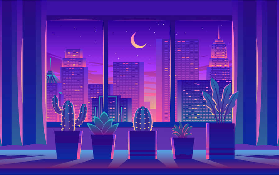 A Night Scene With Cactus And Cityscape Wallpaper