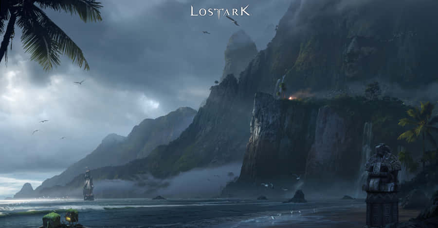 A Painting Of A Beach With A Castle And A Boat Wallpaper