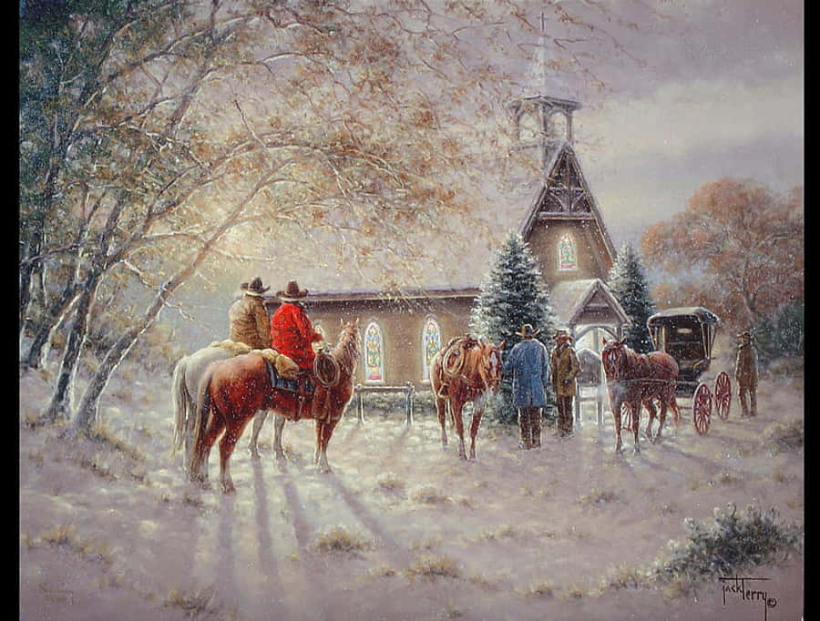 A Painting Of A Church With Horses In Front Of It Wallpaper