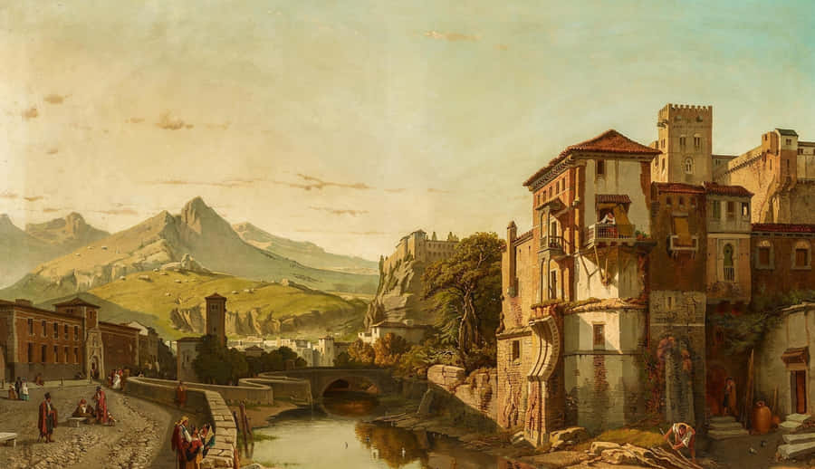 A Painting Of A City With A River And Mountains Wallpaper