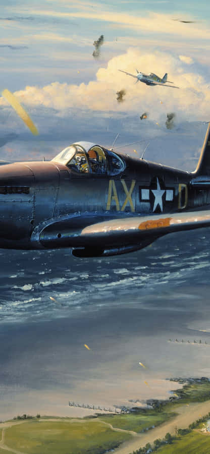 A Painting Of A Fighter Plane Flying Over The Ocean Wallpaper