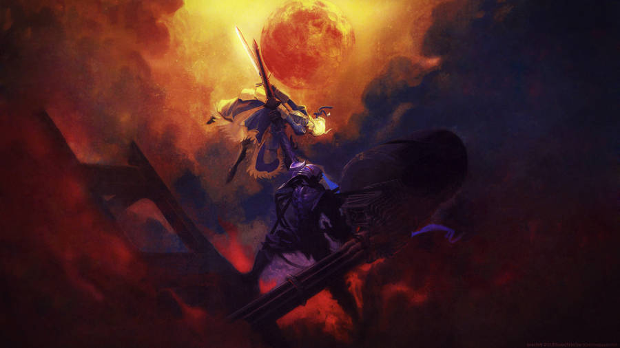 A Painting Of A Man With A Sword And A Sun Wallpaper