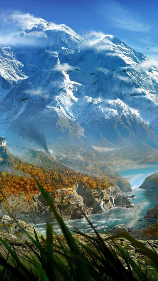 A Painting Of A Mountain With A Lake And Grass Wallpaper