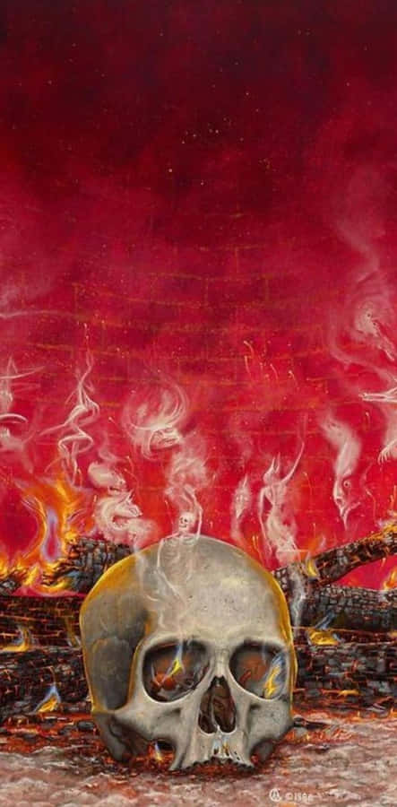 A Painting Of A Skull In Front Of A Fire Wallpaper