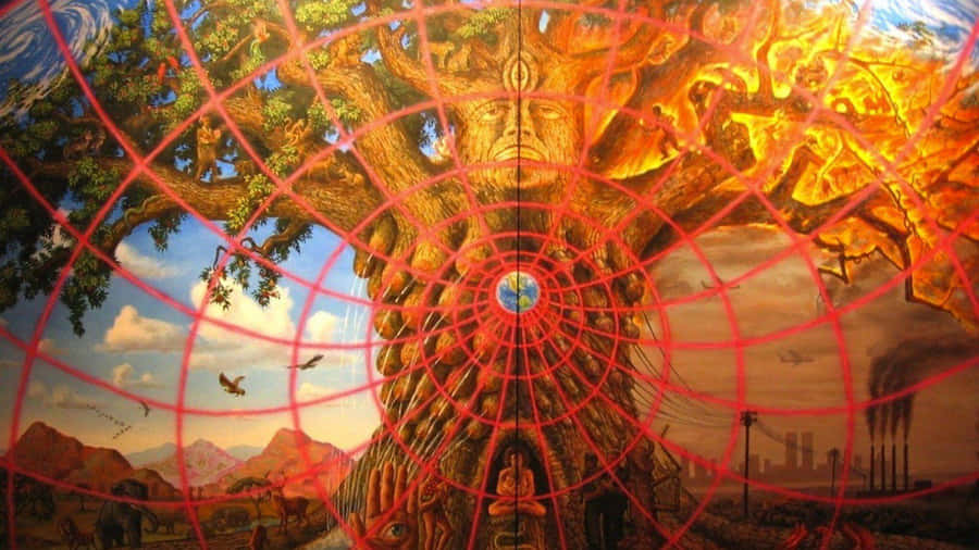 A Painting Of A Tree With A Red Web Wallpaper