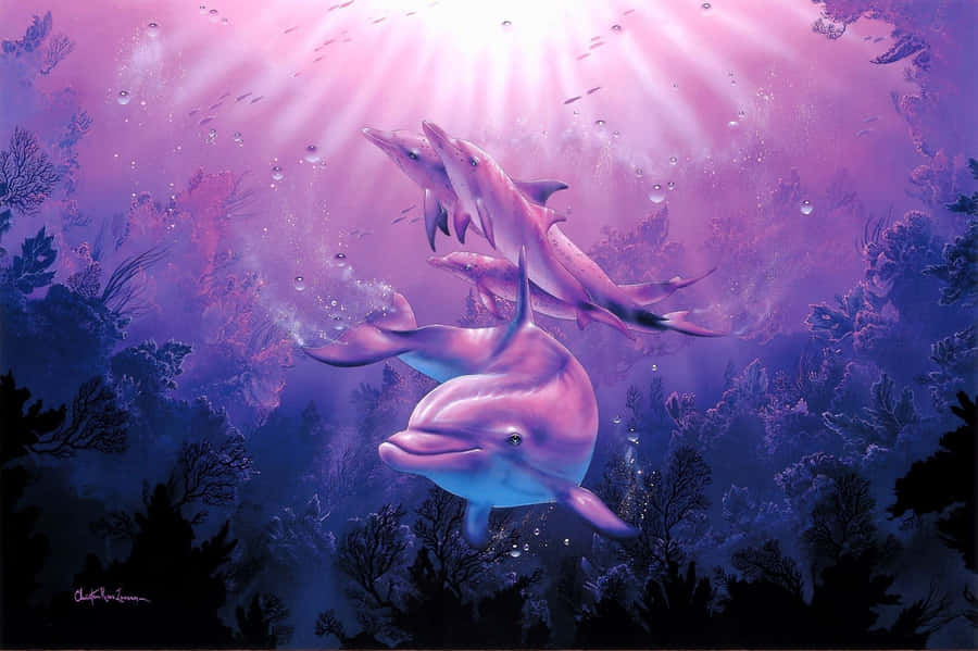 A Painting Of Two Dolphins Swimming In The Ocean Wallpaper