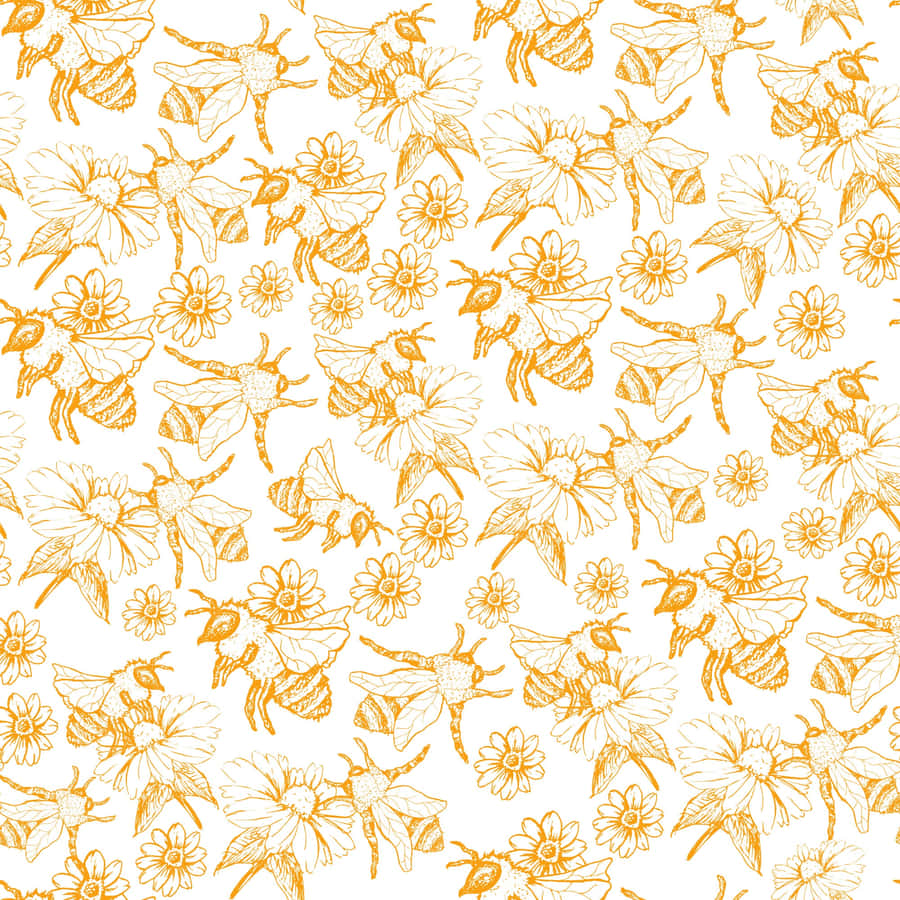 A Pattern With Bees And Flowers On White Wallpaper