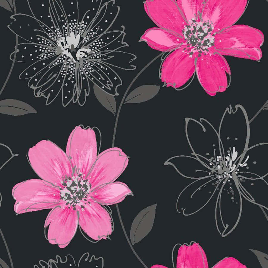 A Pink And Grey Floral Wallpaper On A Black Background Wallpaper