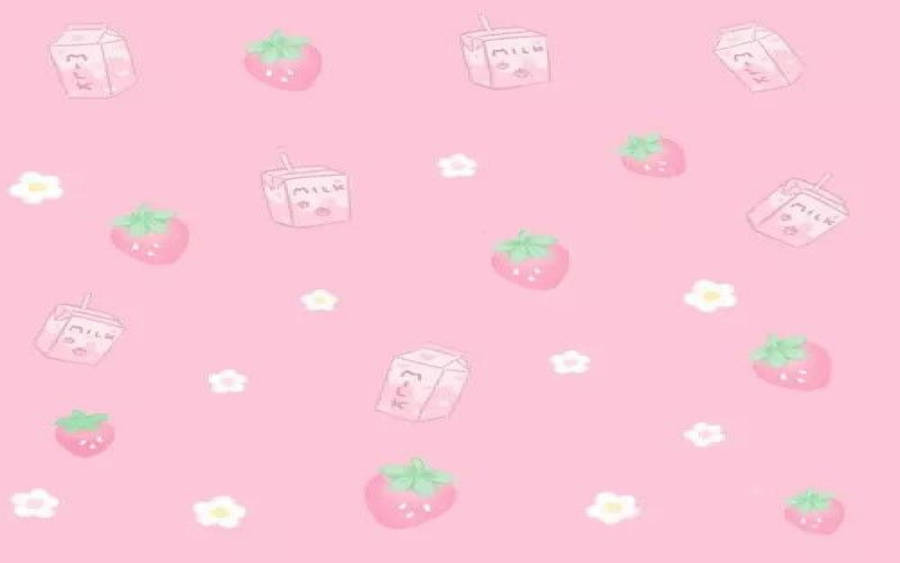 A Pink Background With Strawberries And Flowers Wallpaper