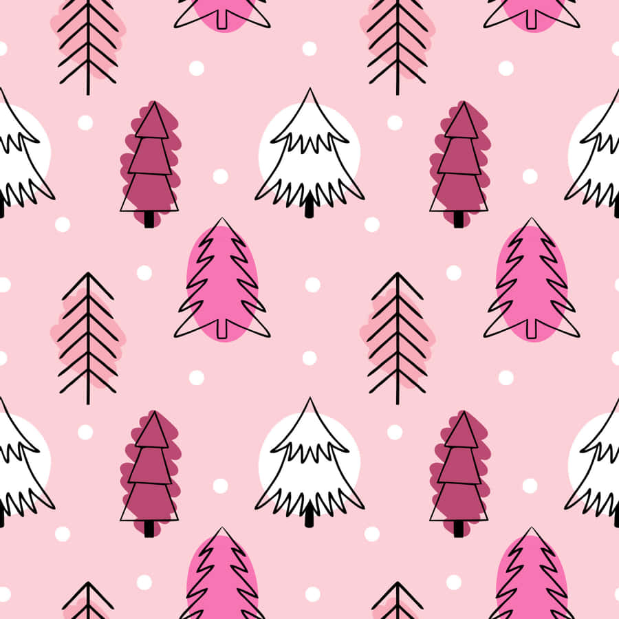 A Pink Christmas Tree Pattern With Polka Dots Wallpaper