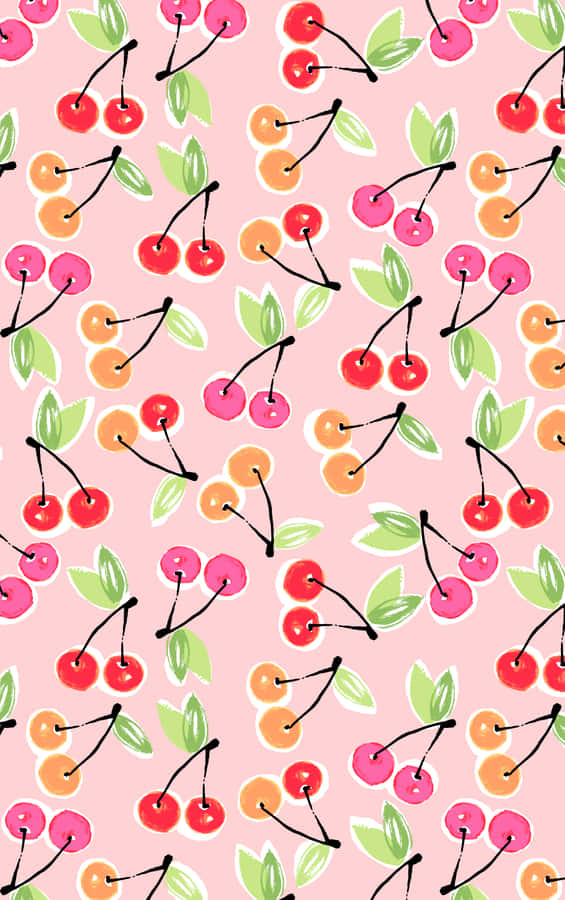 A Pink Fabric With Cherries On It Wallpaper