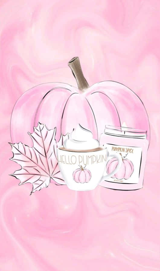 A Pink Pumpkin With A Candle And Leaves Wallpaper
