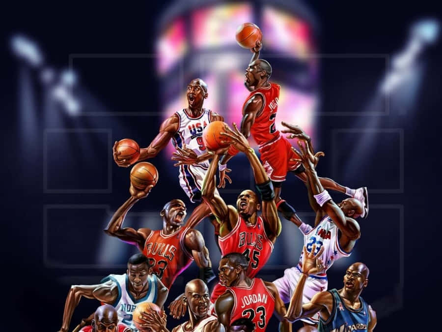 A Poster With Many Basketball Players In The Background Wallpaper
