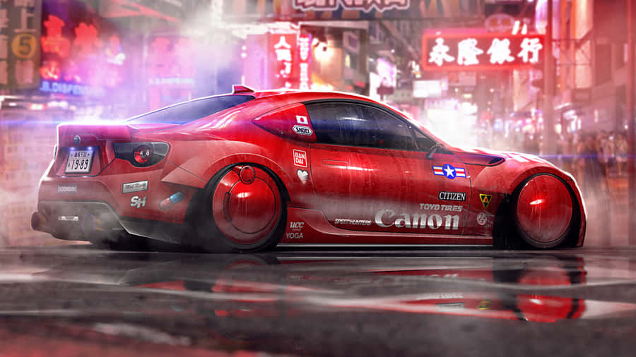 A Red Car Driving Down A City Street Wallpaper