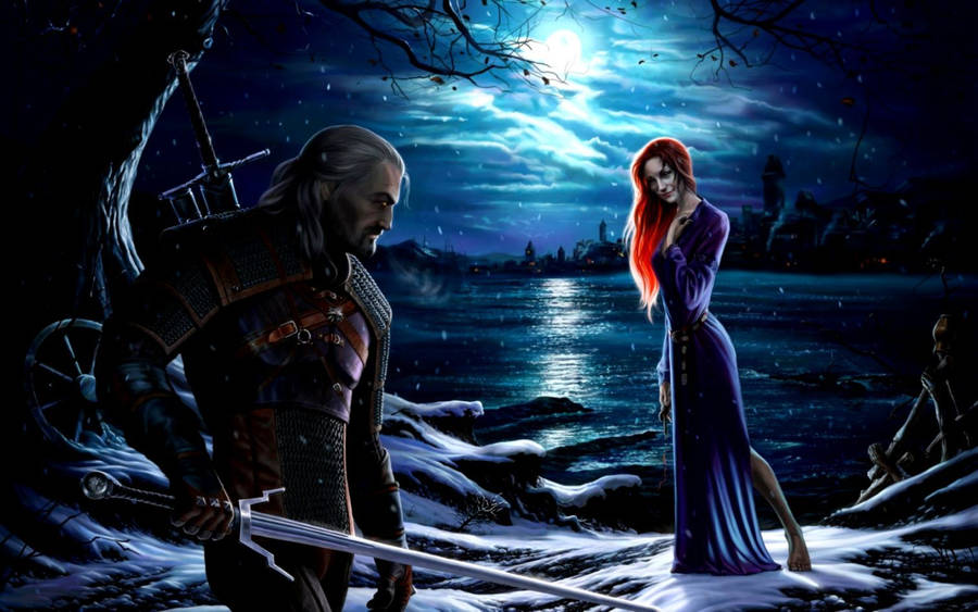 A Romantic Evening By The Lake With Geralt And Triss In The Witcher 3. Wallpaper