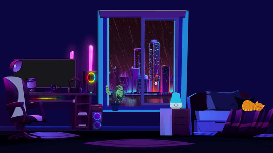 A Room With A Computer And A Lamp Wallpaper