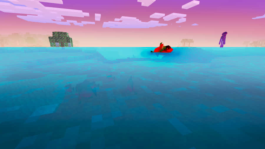 A Screenshot Of A Minecraft Game With A Red Boat In The Water Wallpaper