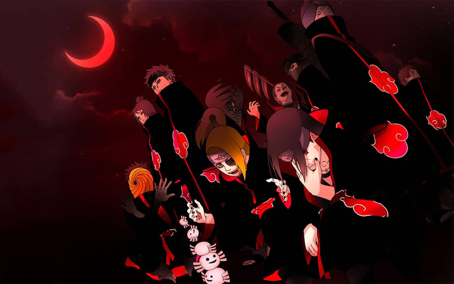 A Silhouette Of Akatsuki Outlined In A Red Moon, Standing Vigilant Against All Adversaries Wallpaper