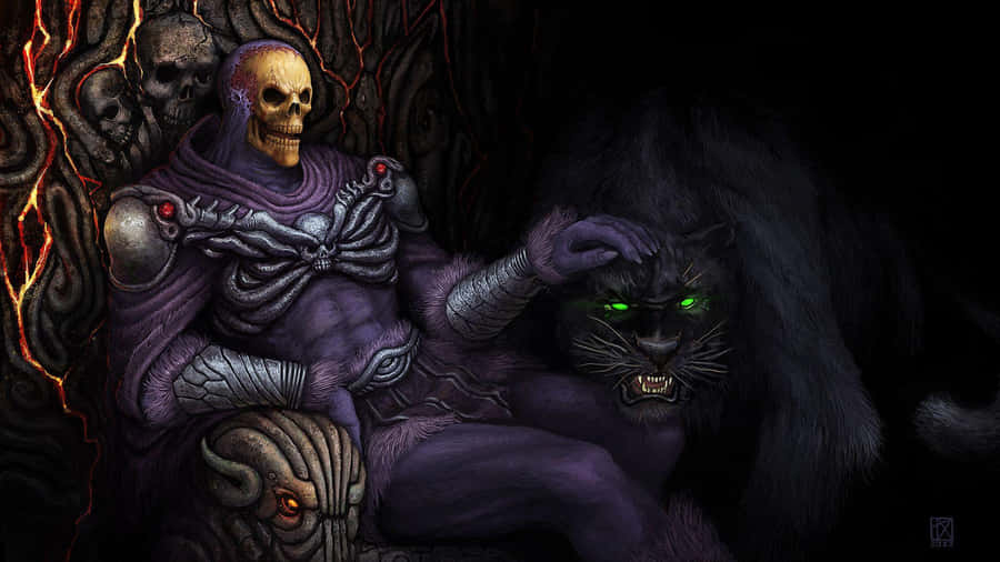 A Skeleton Sitting On A Purple Chair With A Black Cat Wallpaper