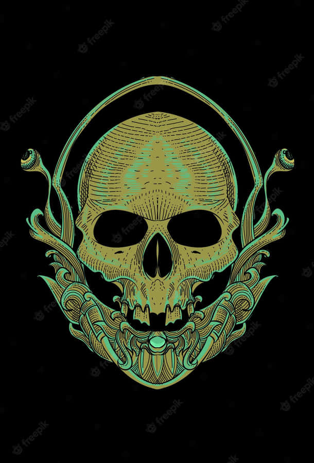 A Skull With A Green And Gold Design On A Black Background Wallpaper