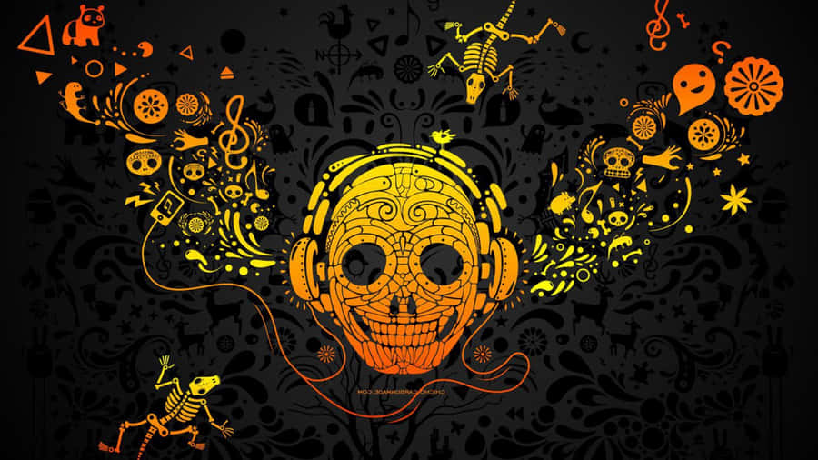 A Skull With Headphones And Other Objects On A Black Background Wallpaper