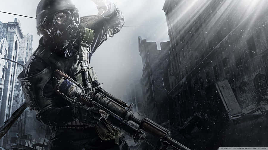 A Soldier With A Gun In A City Wallpaper
