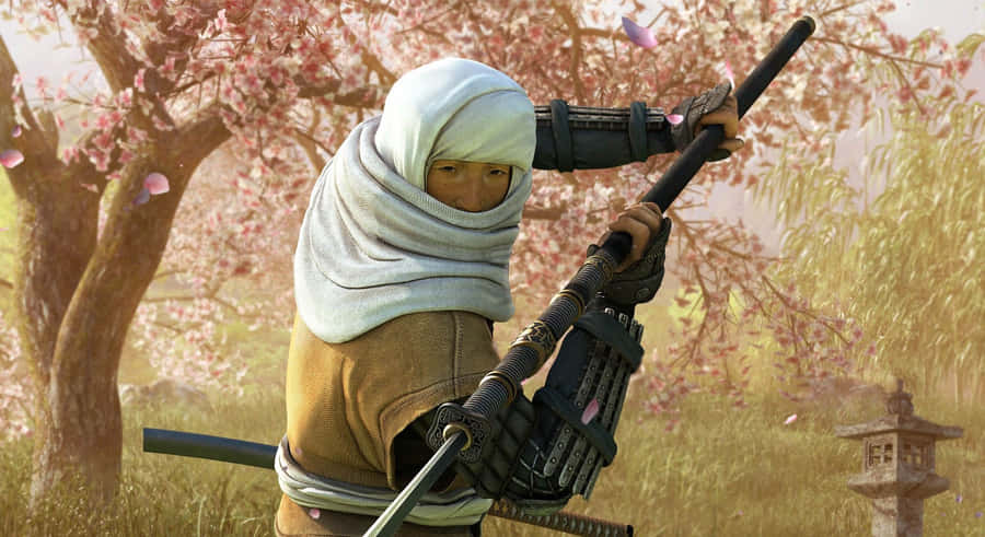 A Stunning Depiction Of A Japanese Shogun With A Fierce Expression And A Striking Background Wallpaper