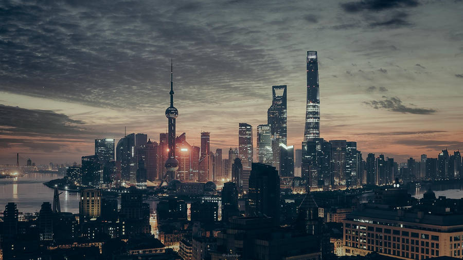 A Stunning Shot Of Shanghai City With A Blade Runner Theme. Wallpaper