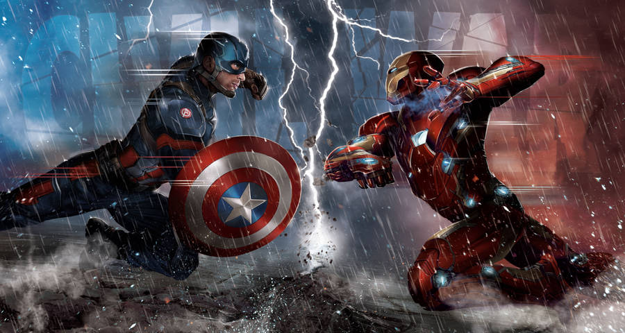 A Thrilling Battle Between Captain America And Iron Man In The Rain Wallpaper