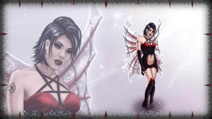 A Woman In A Red Dress With Wings Wallpaper