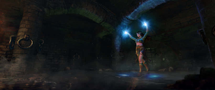 A Woman Is Standing In A Dark Room With A Light Shining Wallpaper