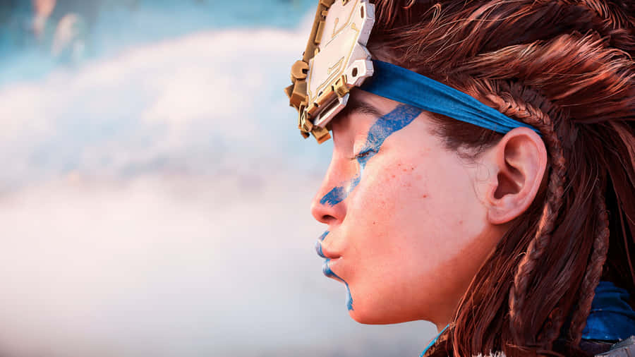 A Woman With Blue Hair And Blue Eyes Is Looking At The Sky Wallpaper