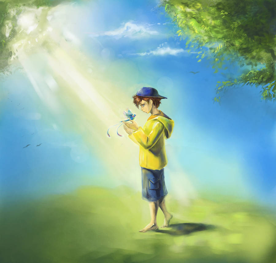 A Young Boy Cherishes A Moment With A Little Bird Wallpaper