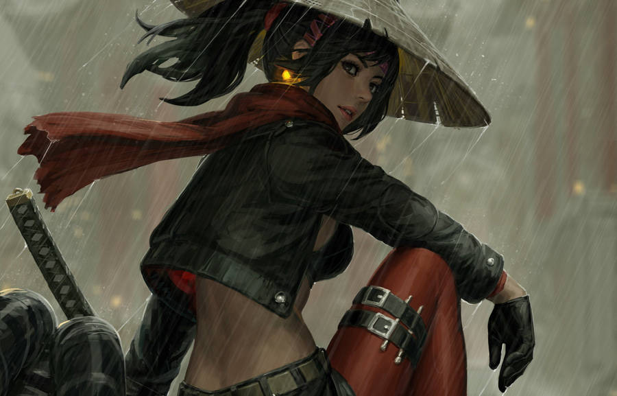A Young Female Samurai, Trained In Traditional Japanese Martial Arts, Stands Ready To Fight. Wallpaper
