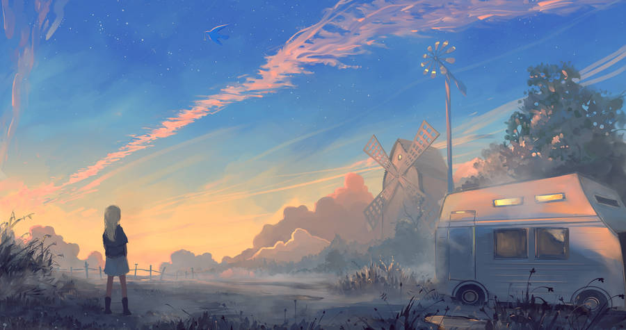 A Young Girl Marvels As The Sun Rises On A Humble Farm. Wallpaper