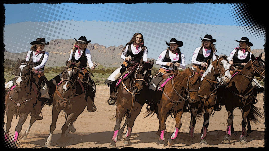 Adventurous Cowgirls Riding Horses At Sunset Wallpaper