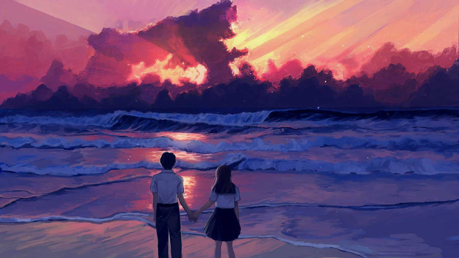 Aesthetic Couple In Wavy Sea Wallpaper