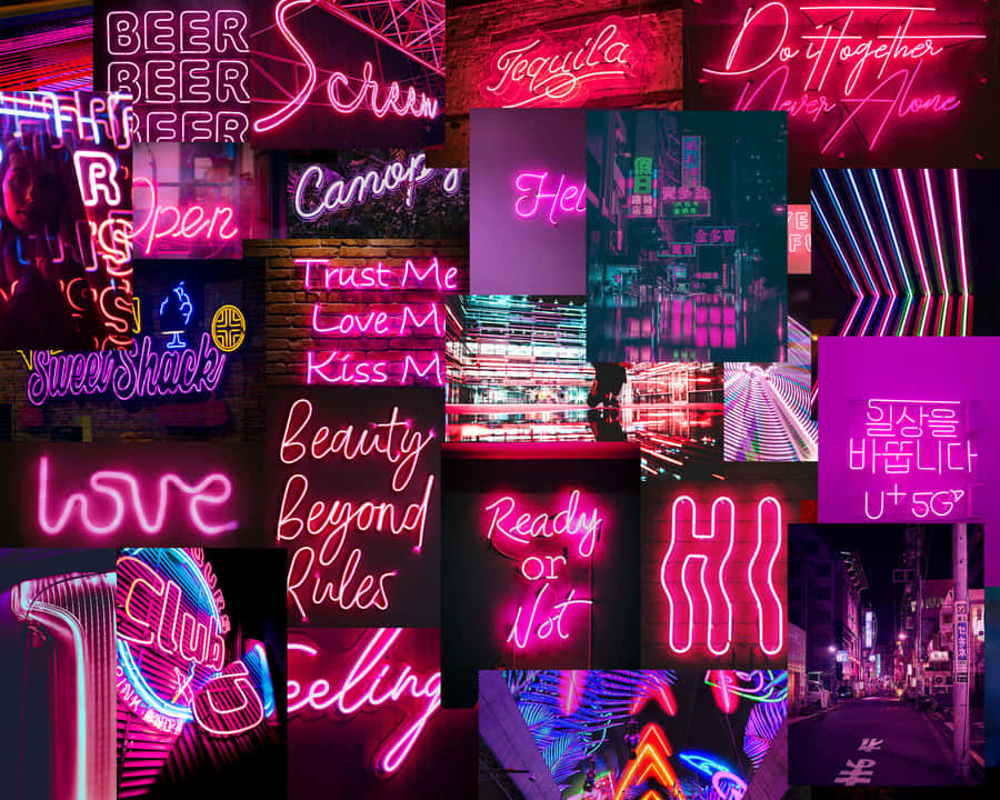 Aesthetic Grunge Laptop Neon Signs Collage Wallpaper
