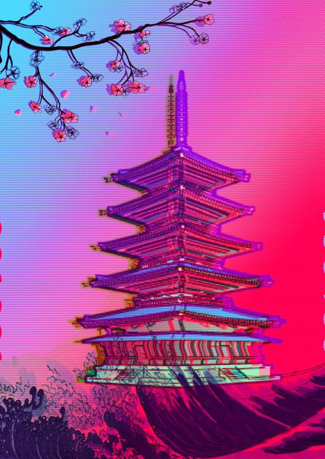 Aesthetic Pink Iphone Pagoda Glitch Wallpaper