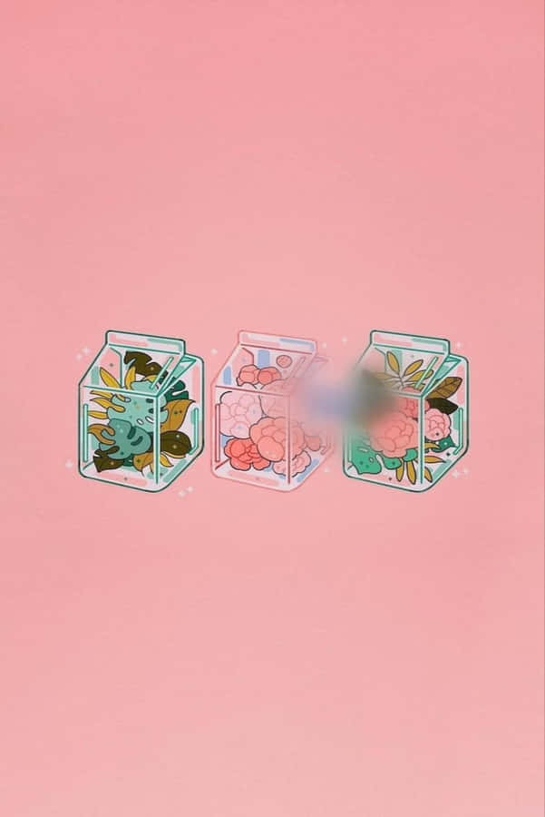 Aesthetic Pink Kawaii Boxed Plants And Flowers Wallpaper