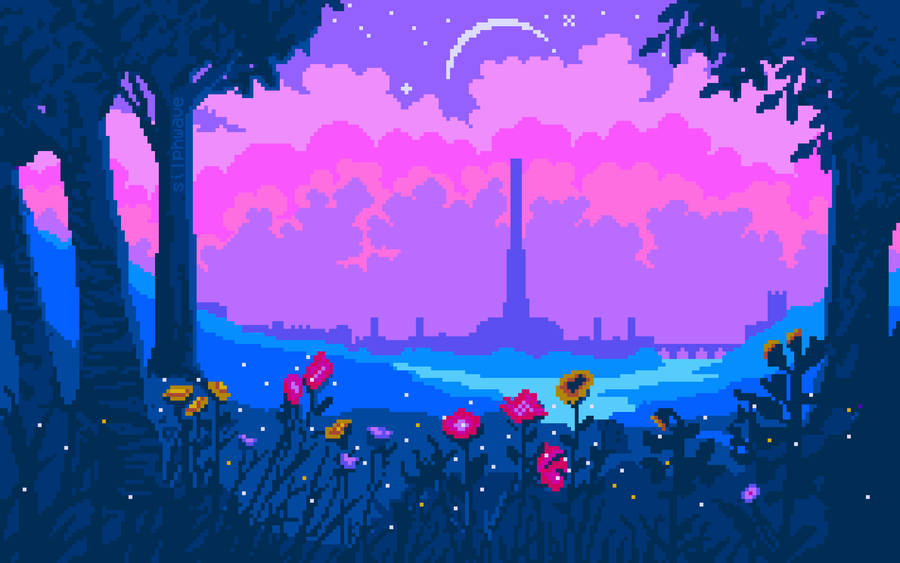 Aesthetic Pixel Art Garden At Night Wallpaper