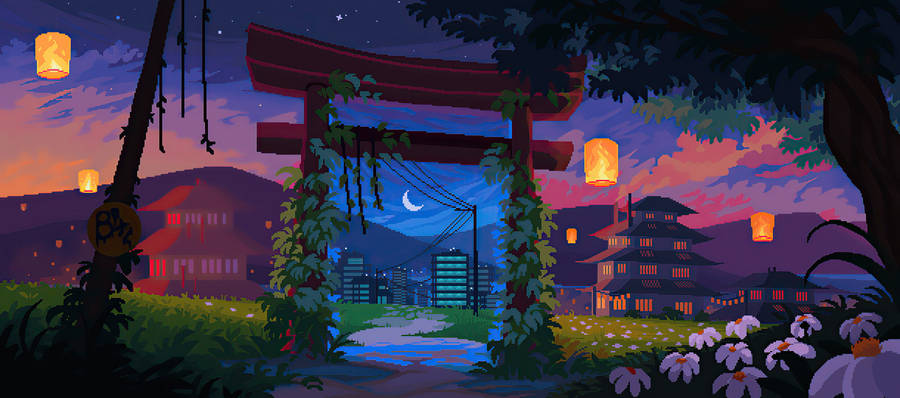 Aesthetic Pixel Art Of City Japanese Shrine Wallpaper