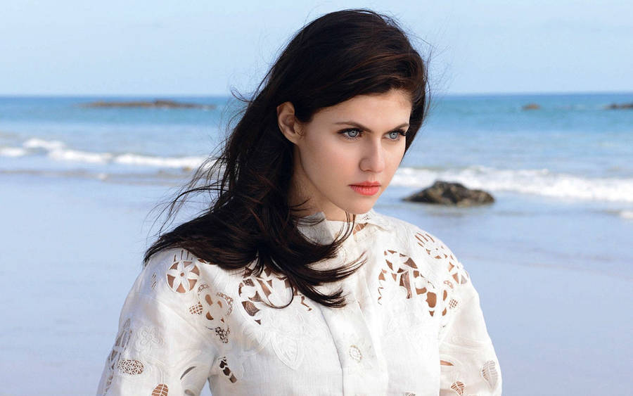 Alexandra Daddario White On Beach Wallpaper