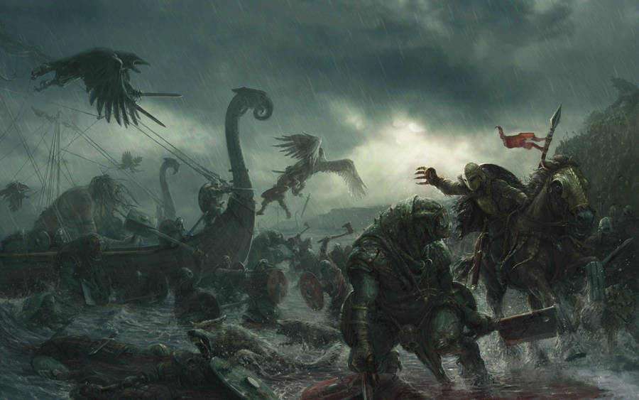 An Epic Battle Between Heroic Viking Warriors And Powerful Monsters Wallpaper