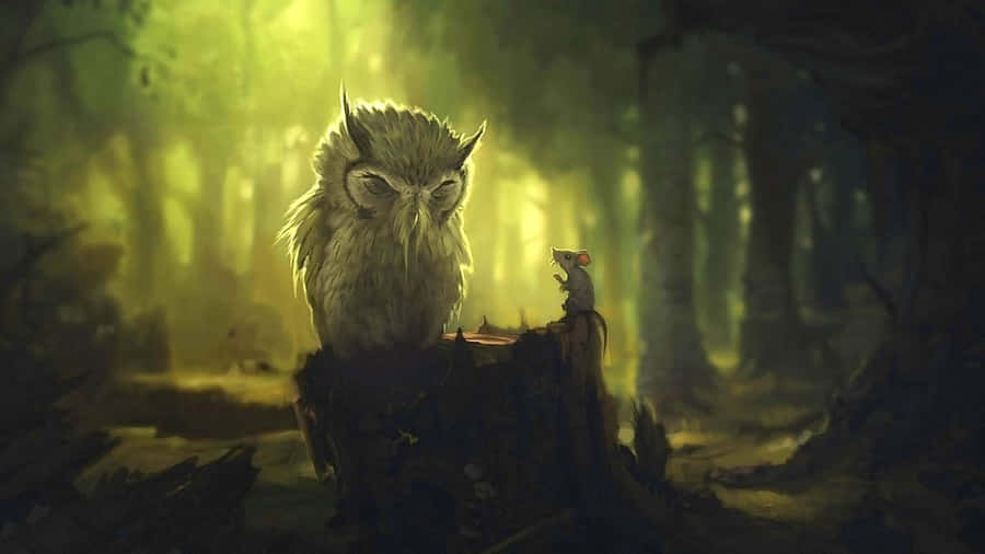 An Owl Is Standing On A Stump In The Forest Wallpaper